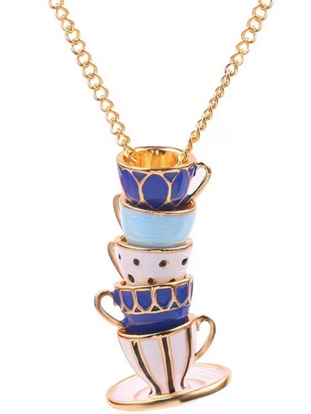 Gold-Tone Stacked Teacup Pendant Necklace - Blue, Light Blue & White